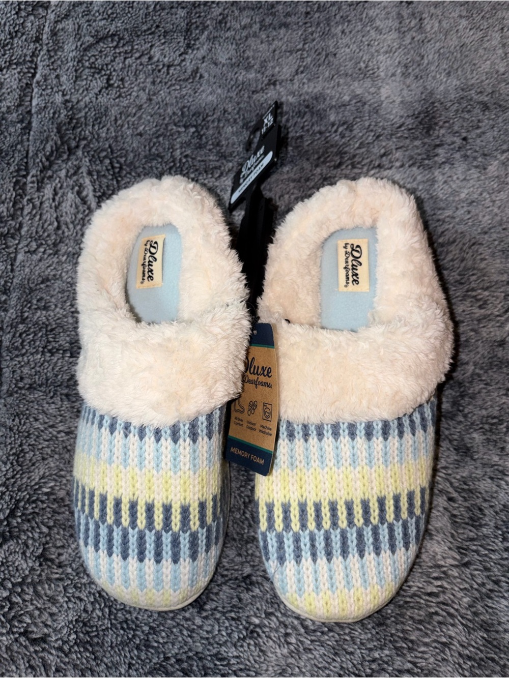 Deluxe Plush-Lined Women's Slippers in Cream, Blue & Yellow